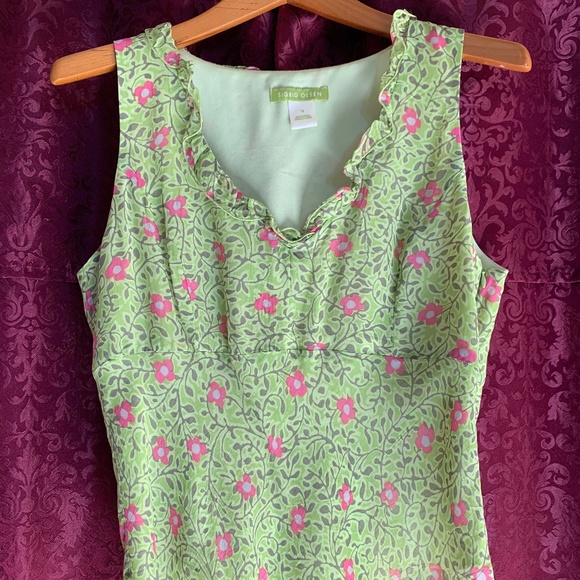 Sigrid Olsen Green & Pink Fitted Floral Top ~ Size 12 - Picture 1 of 7